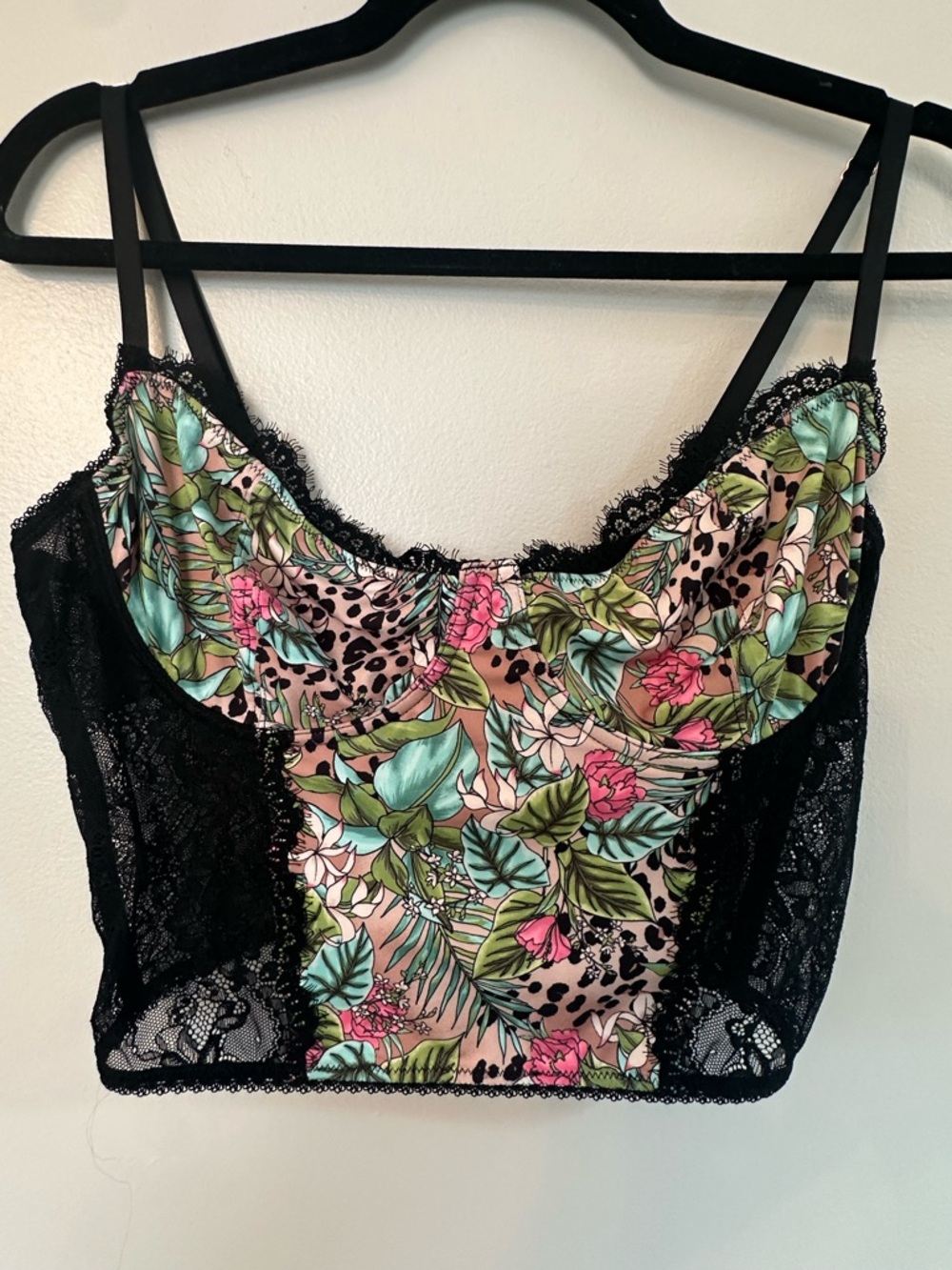 INC International Concepts Black Lace Trim Satin Floral Bustier Top Lingerie XL